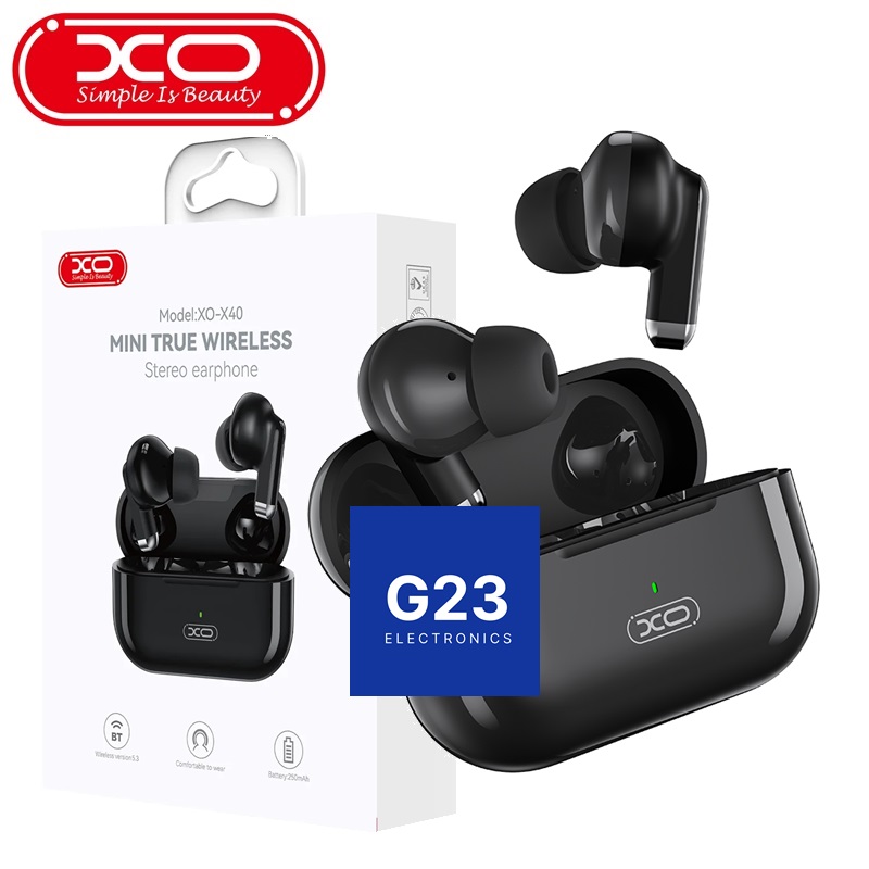 Bluetooth ausinės XO Mini True Wireless juodos spalvos su įkrovimo dėklu ir pakuote