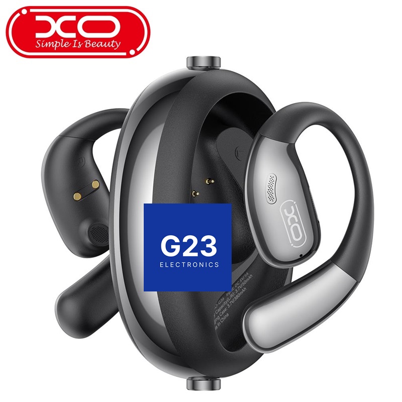 Bluetooth ausinės XO Open Ear su kabliais ausims juodos spalvos 7 XO Open Ear ausinės su kabliais ausims įstatytos į magnetinį įkrovimo dėklą