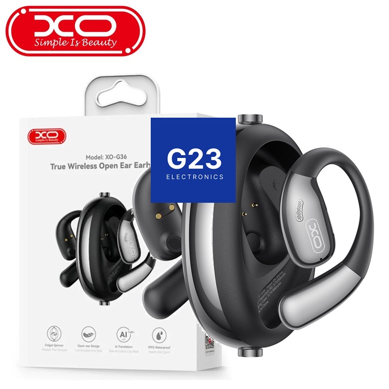 Bluetooth ausinės XO Open Ear su kabliais ausims juodos spalvos su firmine XO pakuote