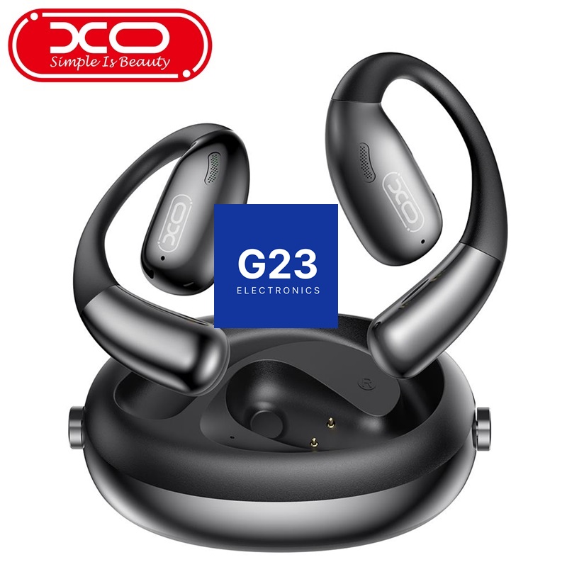 Bluetooth ausinės XO Open Ear su kabliais ausims juodos spalvos 10 Bluetooth ausinės XO Open Ear su kabliais ausims juodos spalvos – atviro tipo ausinių pora su įkrovimo dėklu
