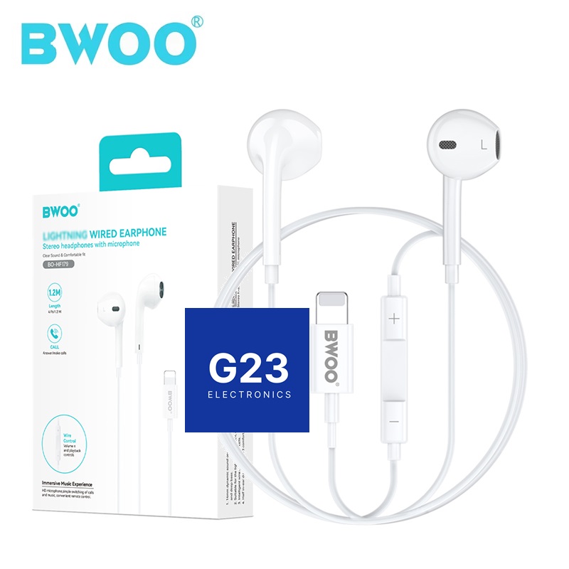 Laidinės Apple Lightning ausinės BWOO su plastikiniais antgaliais baltos spalvos su pakuote