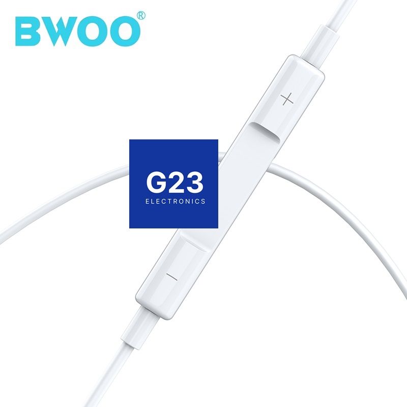 Laidinės Apple Lightning ausinės BWOO su plastikiniais antgaliais baltos spalvos 10 BWOO Apple Lightning ausinių garso valdymo pultelis ant laido