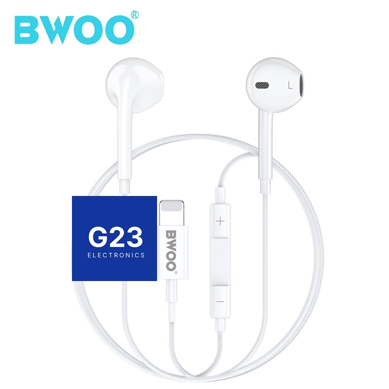 Laidinės Apple Lightning ausinės BWOO su plastikiniais antgaliais baltos spalvos 8 Baltos BWOO Apple Lightning ausinės su valdymo mygtukais