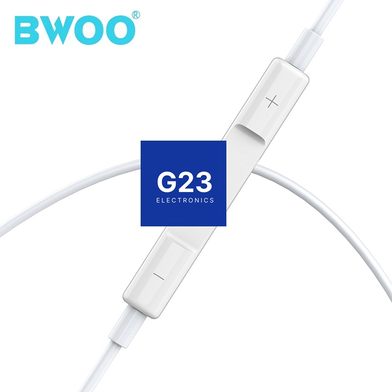 Laidinės Type-C ausinės BWOO su plastikiniais antgaliais baltos spalvos 12 Laidinės Type-C ausinės BWOO su plastikiniais antgaliais baltos spalvos – pultelis su garso didinimo ir mažinimo mygtukais