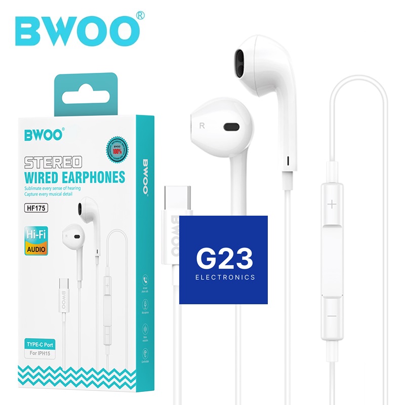 Laidinės Type-C ausinės BWOO su plastikiniais antgaliais baltos spalvos su firmine BWOO pakuote