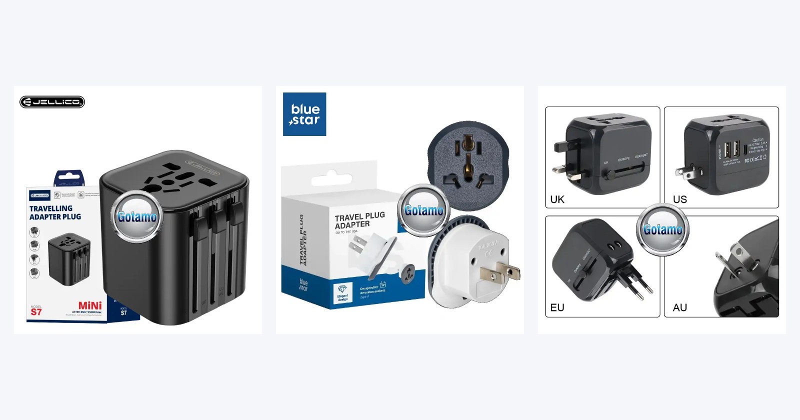 220V tinklo jungtys: kelioniniai adapteriai US, UK, AU, EU, perėjimai į europinį lizdą ir tinklo priedai