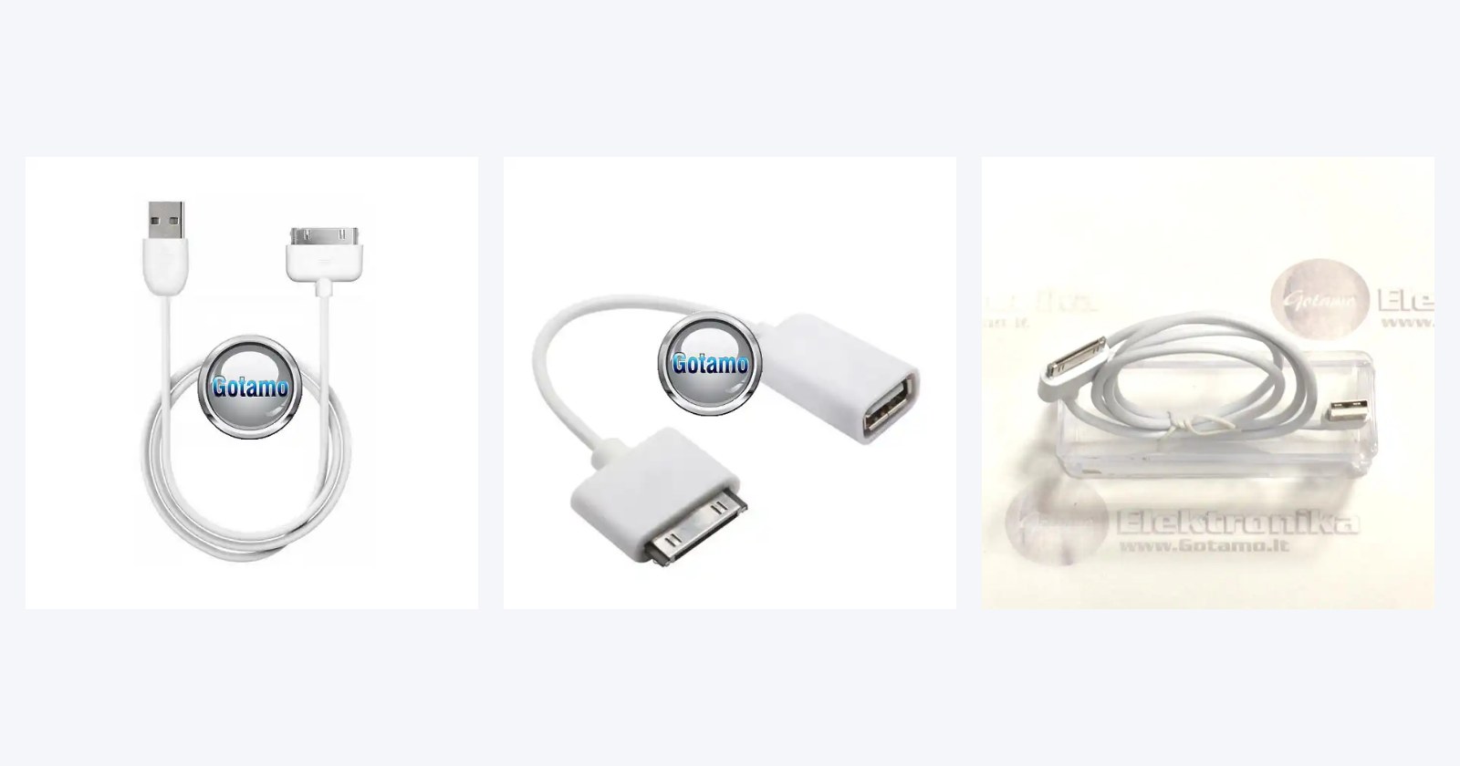 Apple 30-pin laidai: baltas 1 metro laidas ir OTG jungtis su USB lizdu