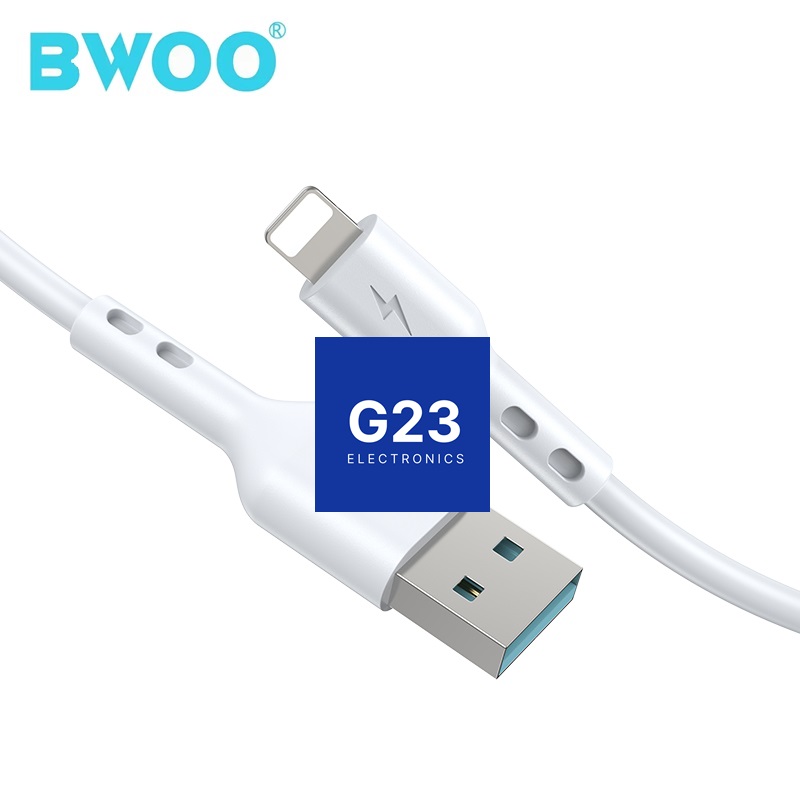 Apple Lightning laidas 2 metrai 3A BWOO baltos spalvos 8 Apple Lightning laidas 2 metrai 3A BWOO Lightning kištukas su žaibo ženklu iš arti