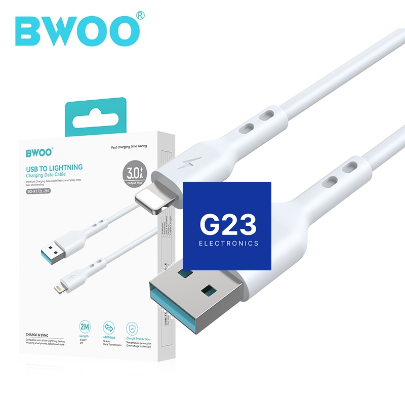 Apple Lightning laidas 2 metrai 3A BWOO BO-X172L-2M mažmeninė pakuotė ir baltas laidas