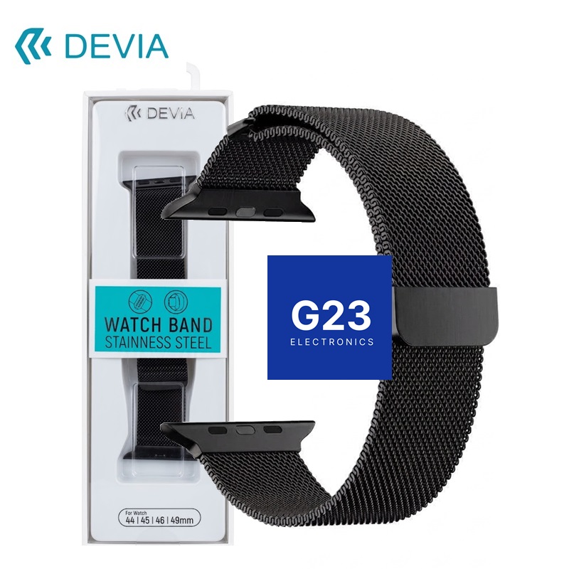 Apple Watch dirželis metalinis juodas Devia Elegant Milanese firminėje pakuotėje su žyma 44 45 46 49 mm