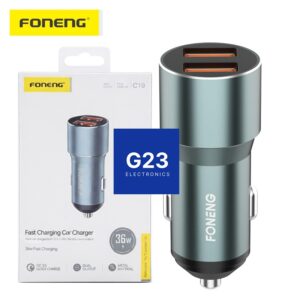 Foneng automobilinio kroviklio su dviem USB lizdais po 18 W pakuotė ir pats kroviklis sidabro spalvos