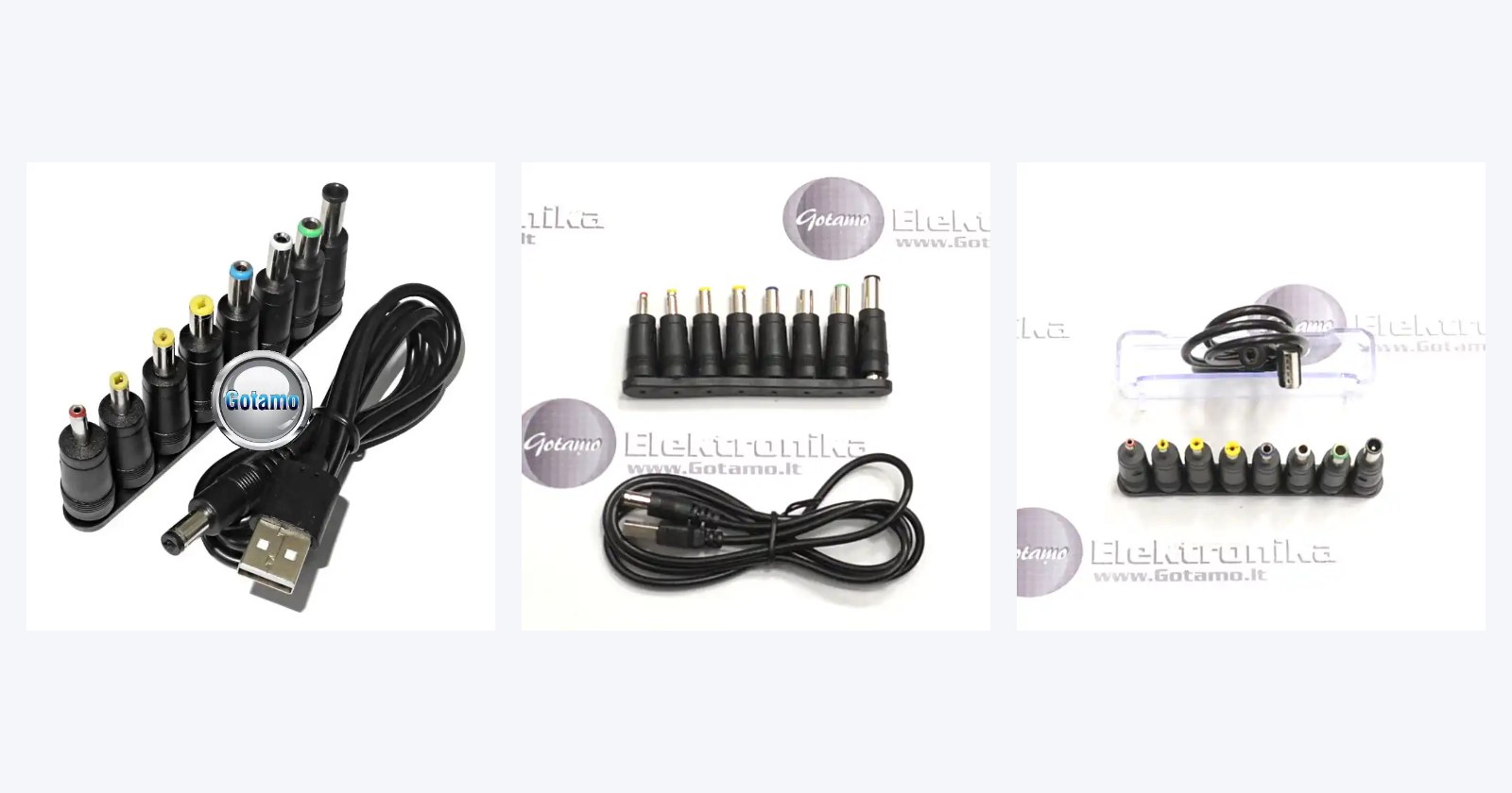 DC maitinimo laidai: USB laidas į DC 5.5x2.1mm kištuką su keičiamais antgaliais