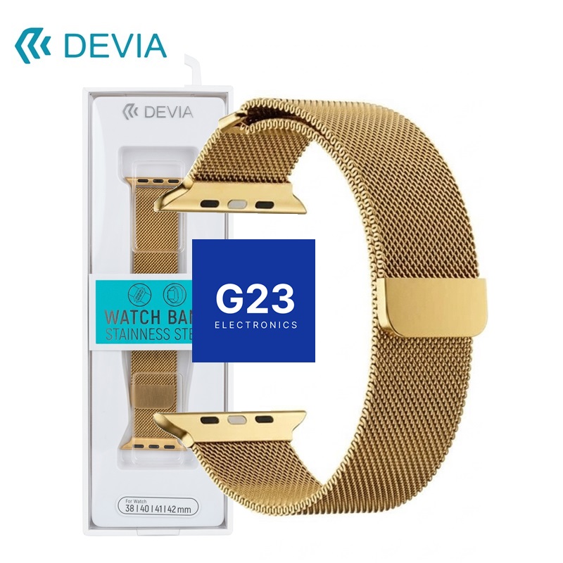 Apyrankė dirželis Devia Elegant Milanese Apple Watch 38 / 40 / 41 / 42 mm nerūdijantis plienas, aukso spalvos 6 Apple Watch dirželis auksinis Devia Elegant Milanese firminėje pakuotėje su žyma 38 40 41 42 mm