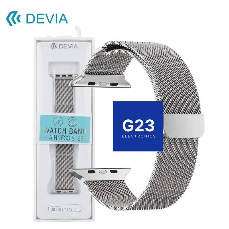Apyrankė dirželis Devia Elegant Milanese Apple Watch 38 / 40 / 41 / 42 mm nerūdijantis plienas, sidabro spalvos 6 Apple Watch dirželis sidabrinis Devia Elegant Milanese firminėje pakuotėje su žyma 38 40 41 42 mm