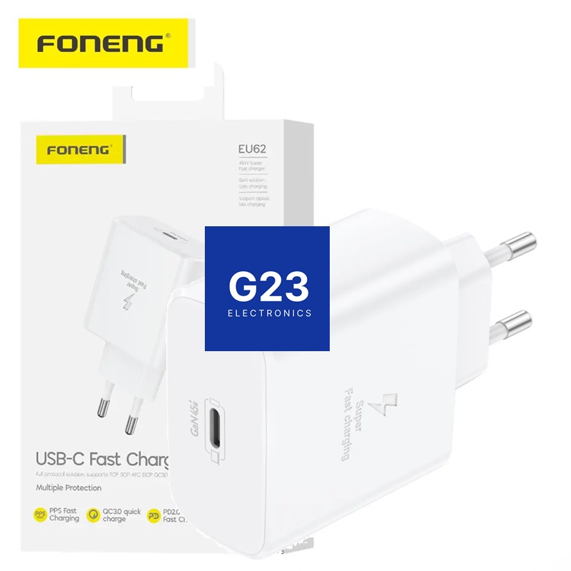Foneng EU62 45W GaN kroviklio pakuotė ir baltas adapteris