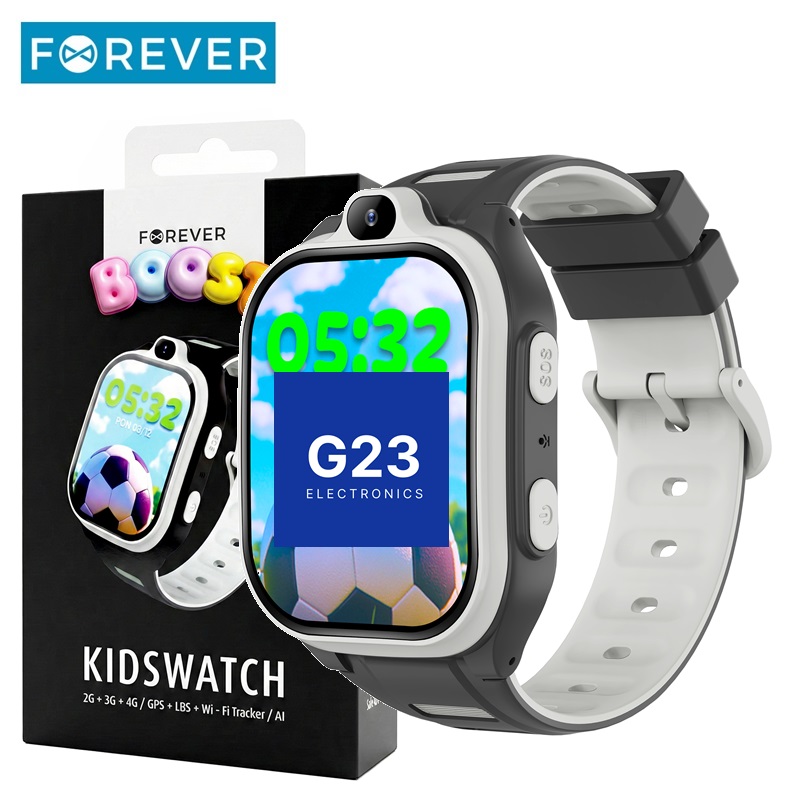 Forever Kids Boost 4G juodas vaikiškas laikrodis ir jo pakuotė