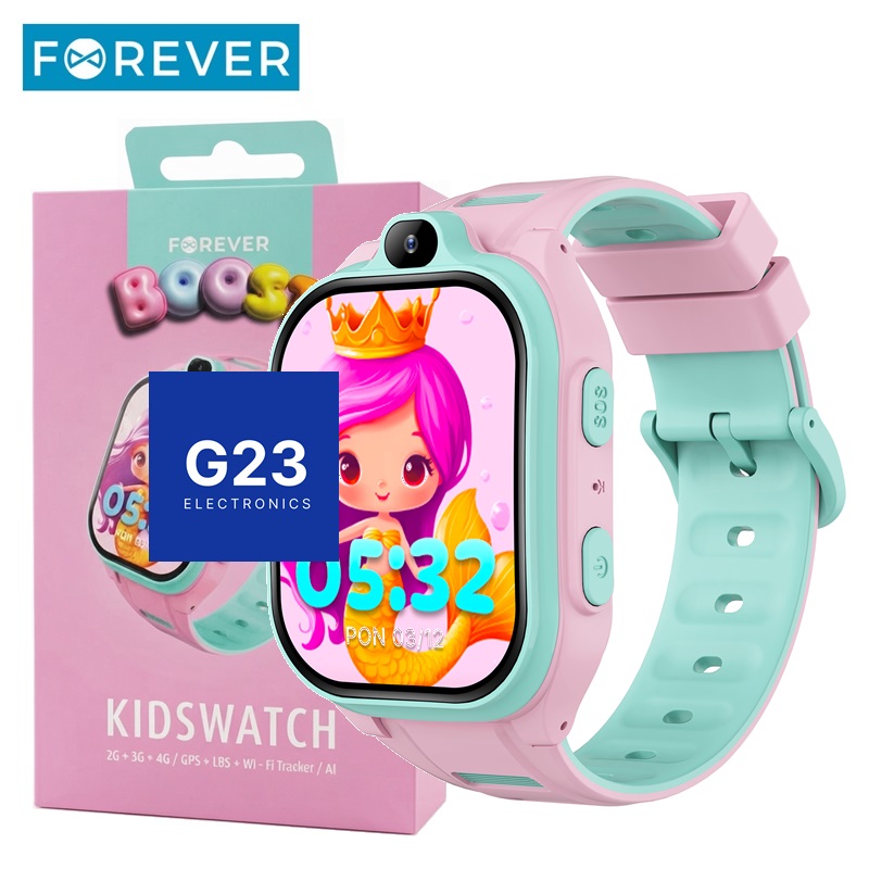 Forever Kids Boost 4G rožinis vaikiškas laikrodis ir jo pakuotė