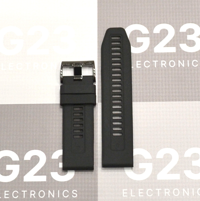 Apyrankė dirželis Garmin QuickFit 26mm silikoninis išmaniesiems laikrodžiams, juodos spalvos 7 Juodos silikoninės Garmin QuickFit 26 mm juostos sagtis ir fiksuojamoji kilpa iš arti