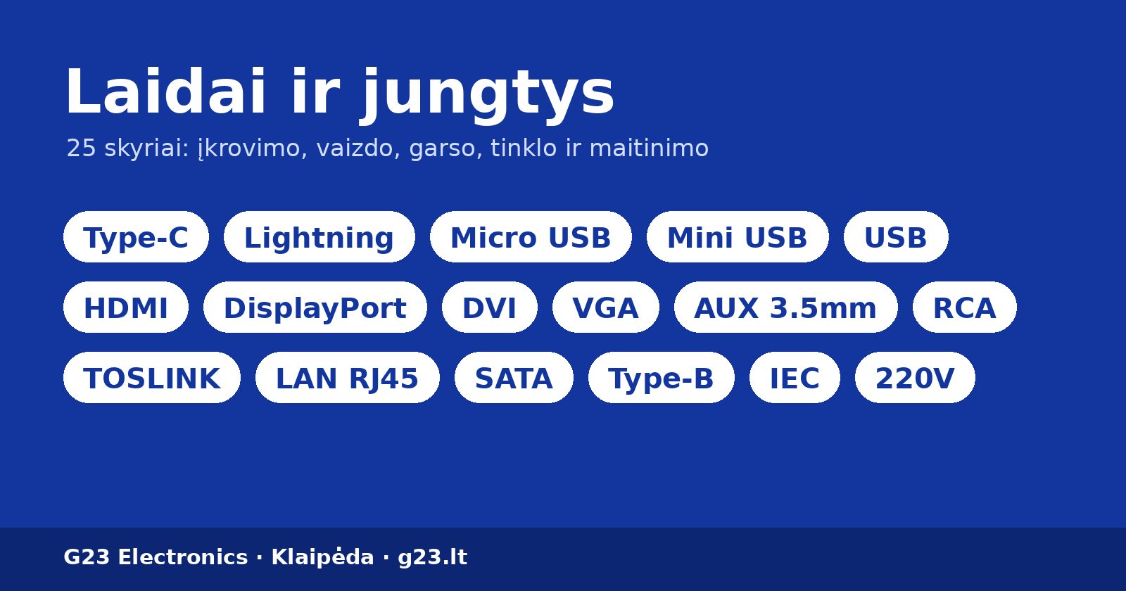 Laidai ir jungtys: Type-C, Lightning, USB, HDMI, AUX, RCA, LAN ir kitos jungtys G23.lt parduotuvėje