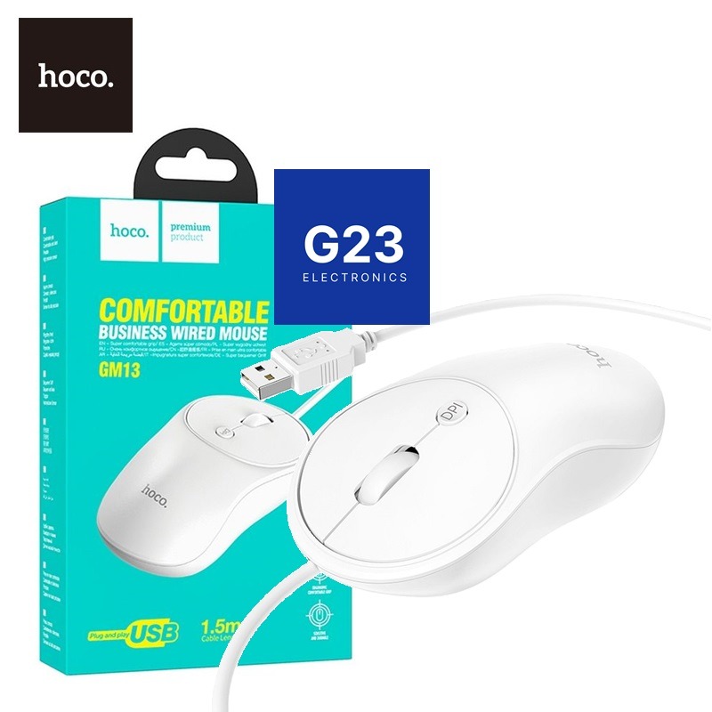 Pelė su laidu Hoco GM13 baltos spalvos pakuotėje