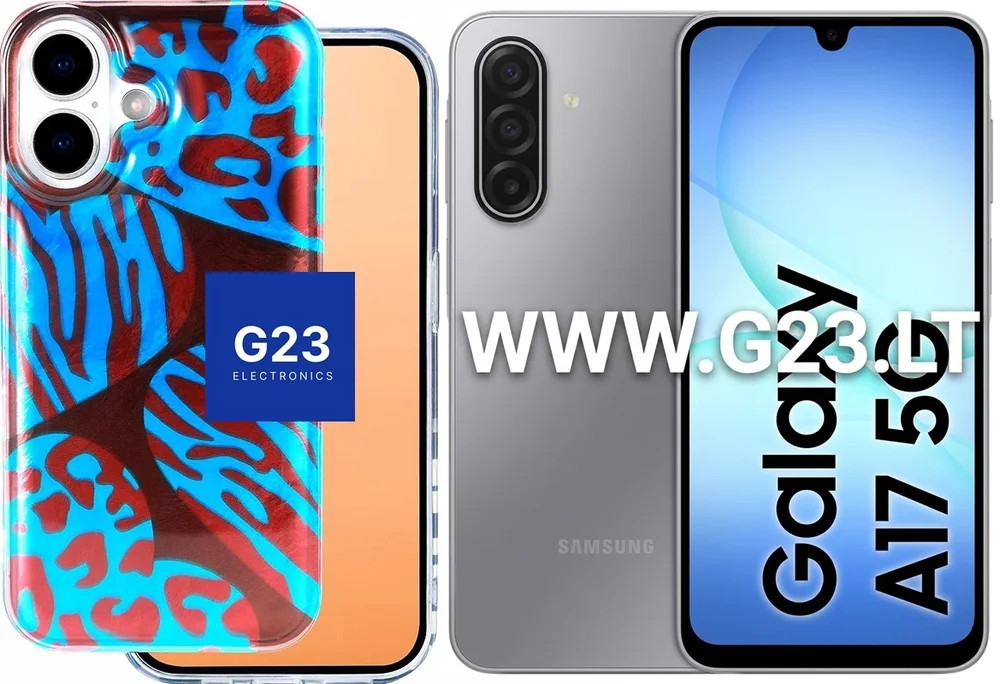 Safari Berry Zebra dėklas Samsung Galaxy A17 – mėlynos folijos nugarėlė su raudonu leopardo ir zebro raštu šalia telefono