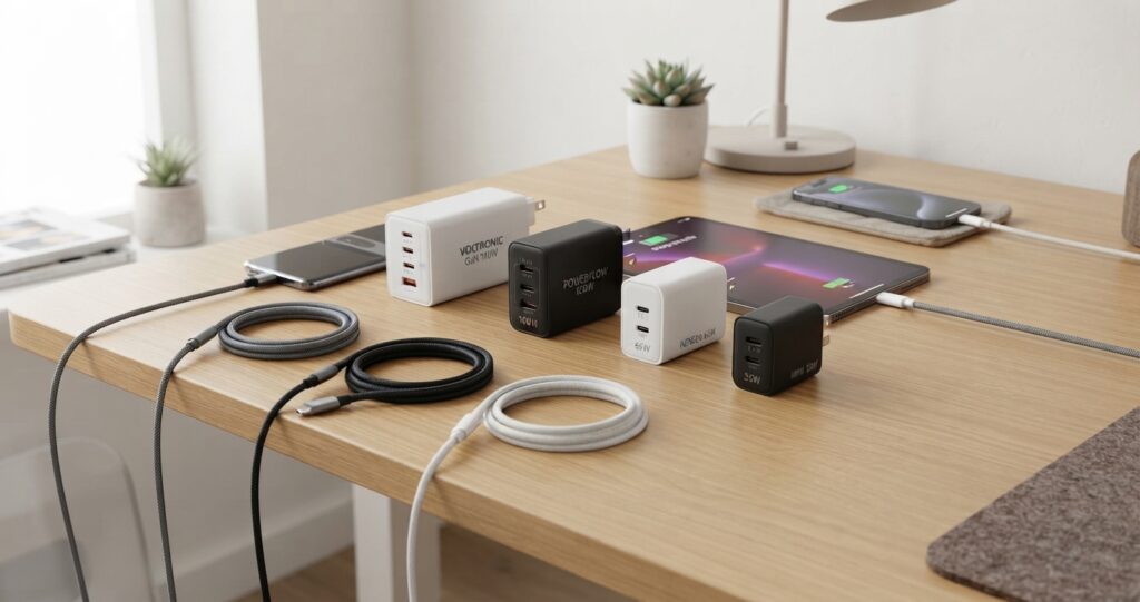 Tinklo krovikliai telefonams ir planšetėms: GaN USB-C adapteriai, laidai, telefonas ir planšetė ant darbo stalo