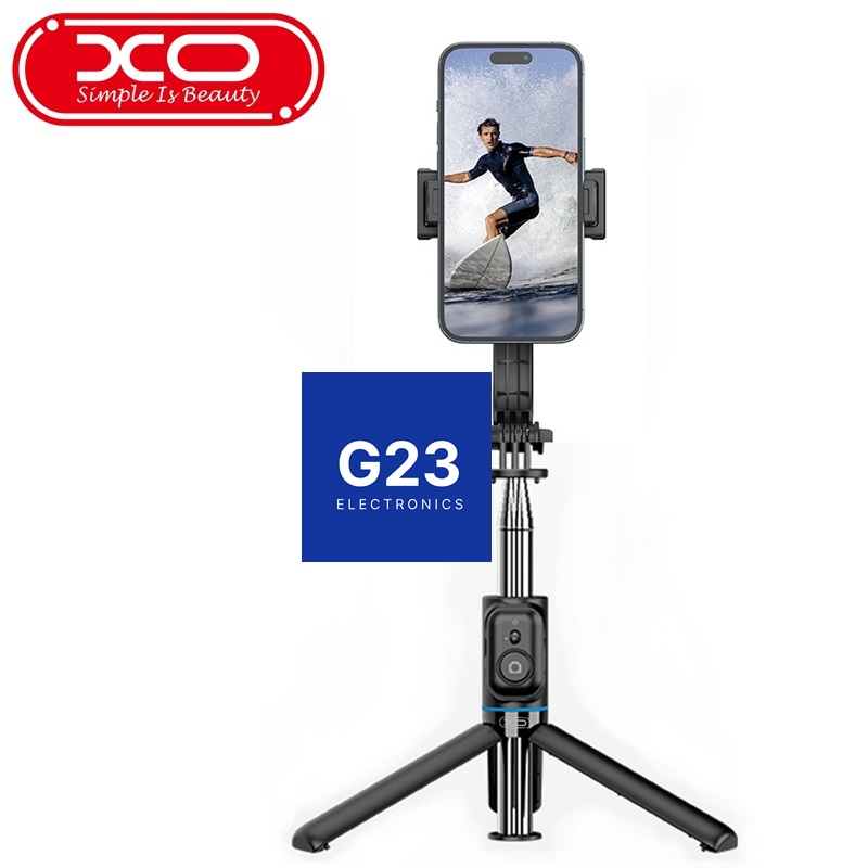 Trikojis stovas asmenukių (selfie) lazda XO SS13 Bluetooth 106 cm juodos spalvos 7 Trikojis stovas XO SS13 ištiestas iki 106 cm su telefonu vertikalioje padėtyje