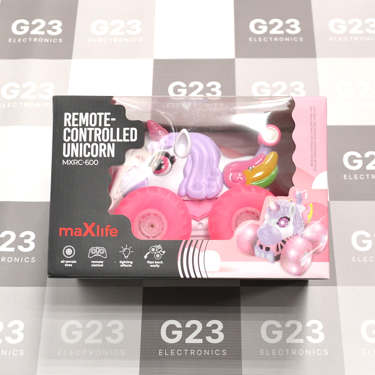 Nuotoliniu būdu valdomas vienaragis MaxLife Unicorn rožinis 4 MaxLife MXRC-600 vienaragio mašinėlės pakuotė iš šono