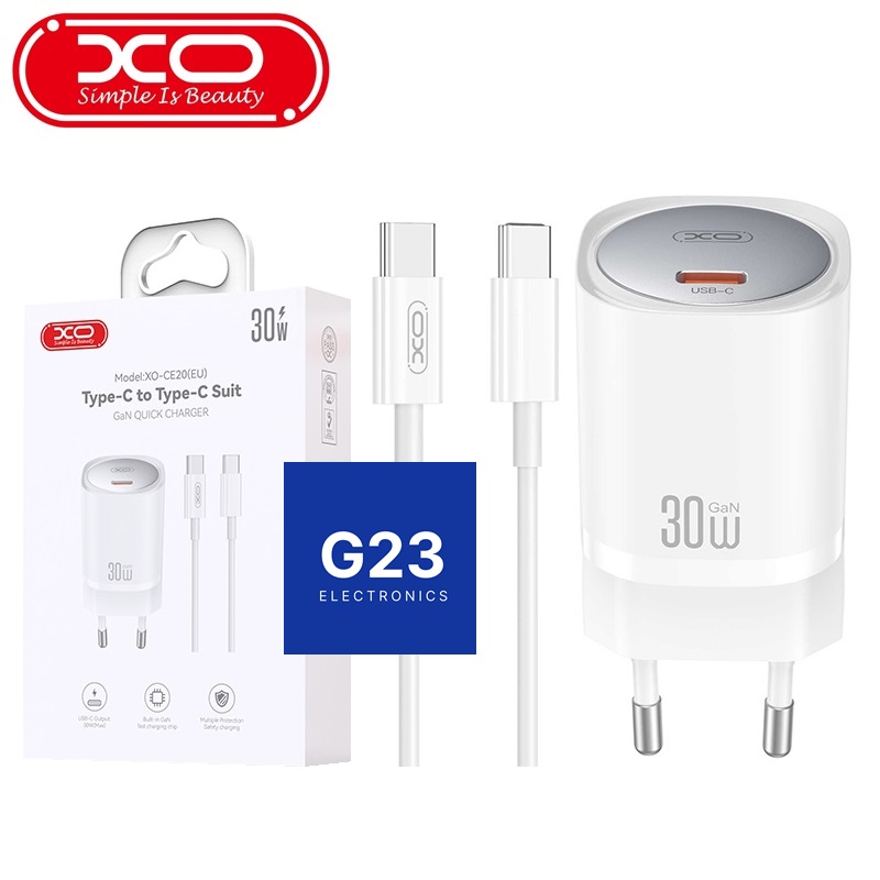 XO CE20 30W GaN kroviklis su pakuote ir Type-C į Type-C laidu