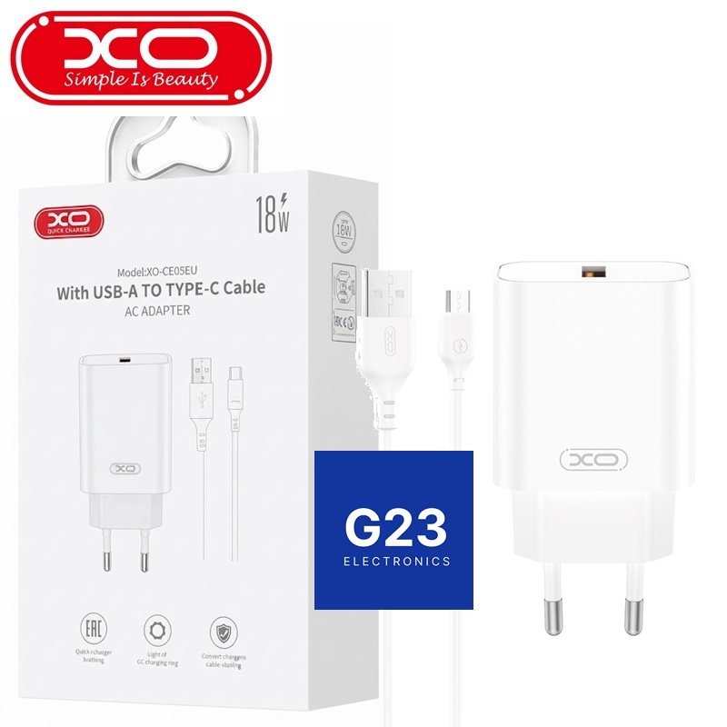 XO 18W QC kroviklio CE33 pakuotė su USB-A į Type-C laidu
