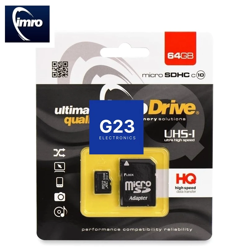 Atminties kortelė Micro SD 64GB 10 klasės su SD adapteriu IMRO 1 Atminties kortelė Micro SD 64GB IMRO su SD adapteriu – pakuotė