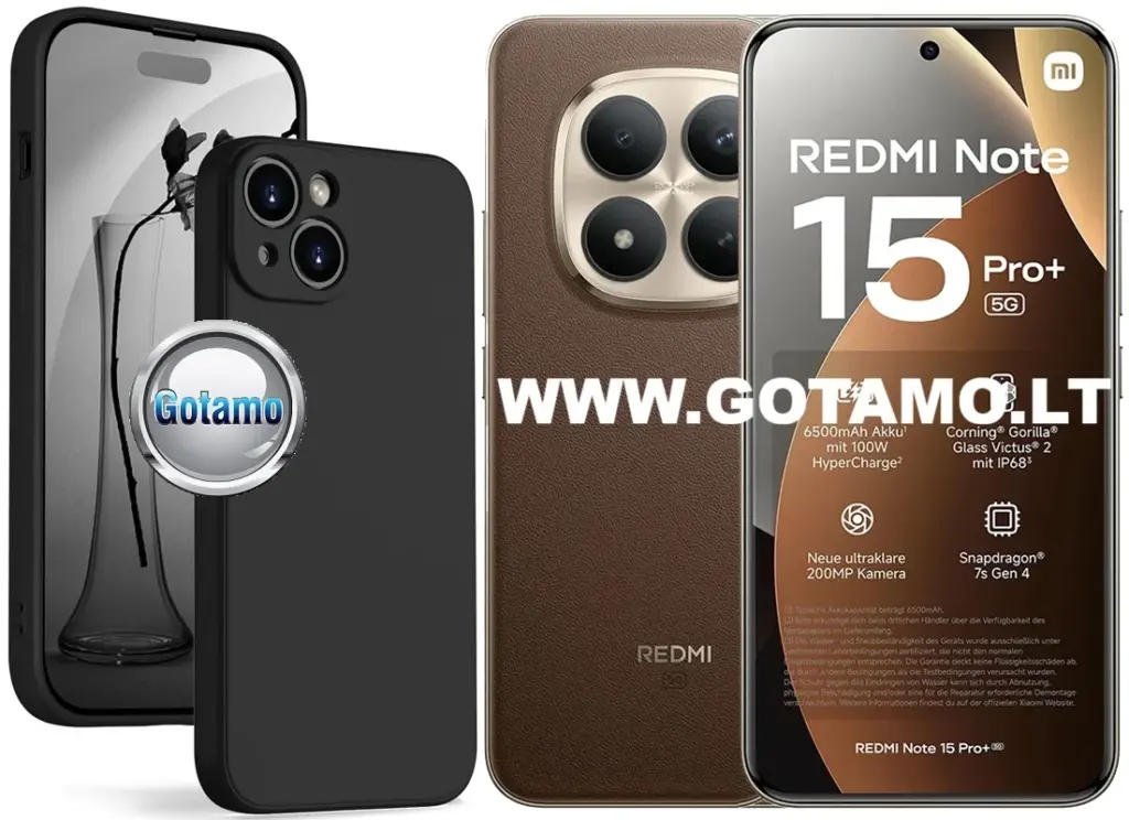 Juodas minkštas silikoninis B-Soft Plus dėklas Xiaomi Redmi Note 15 Pro Plus 5G ir Poco M8 Pro 5G telefonui – pakuotės kolažas