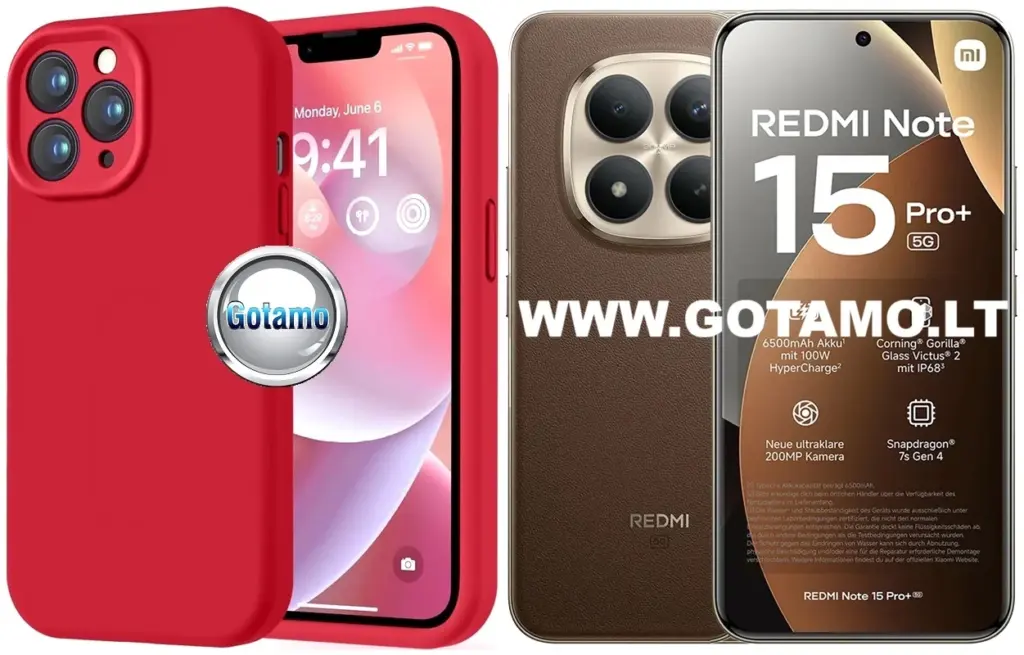 Raudonas B-Soft Plus silikoninis dėklas nugarėlė Xiaomi Redmi Note 15 Pro Plus 5G ir Poco M8 Pro 5G telefonui – pakuotės kolažas