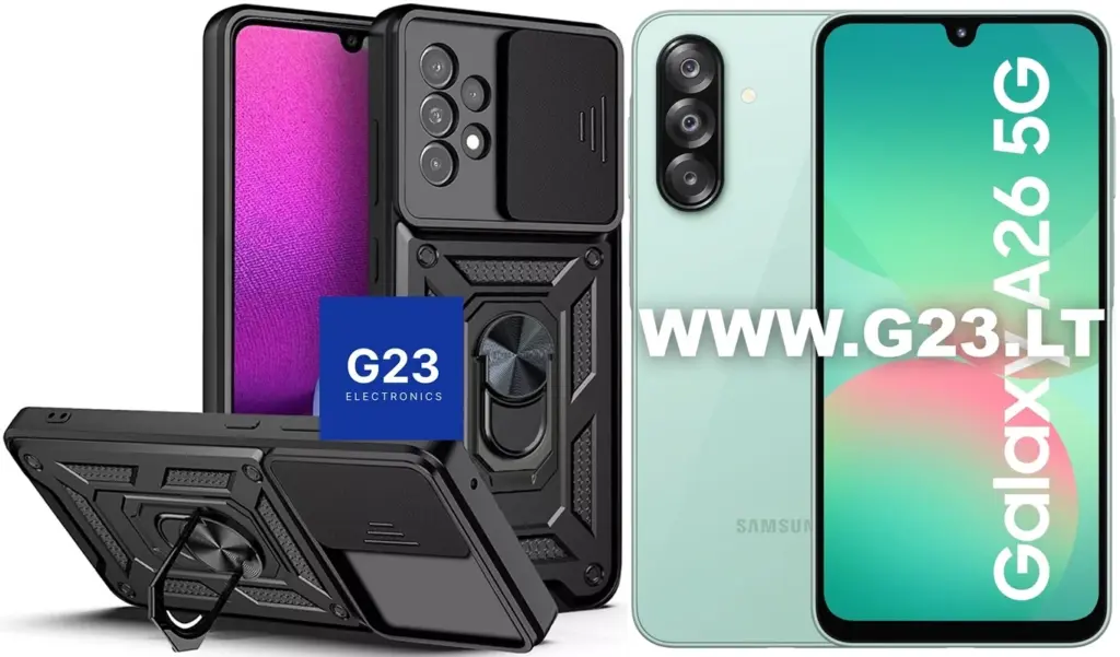 B-Ultra dėklas Samsung Galaxy A26 telefonui – juodas šarvuotas dėklas su kameros dangteliu ir žiedu