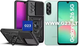 B-Ultra dėklas Samsung Galaxy A26 telefonui – juodas šarvuotas dėklas su kameros dangteliu ir žiedu