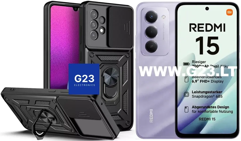 B-Ultra dėklas Xiaomi Redmi 15 4G EU / 5G EU telefonui – juodas šarvuotas dėklas su kameros dangteliu ir žiedu