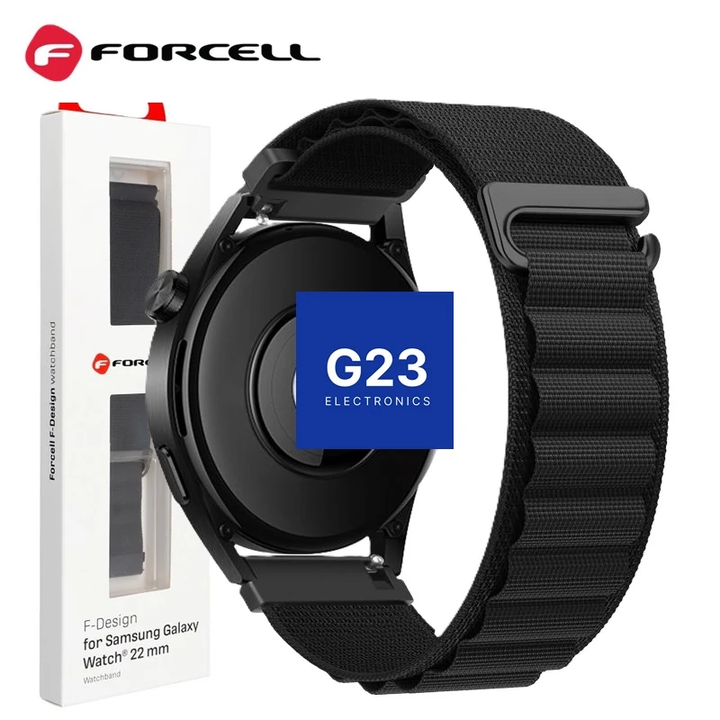 Medžiaginis dirželis Forcell F-Design FS05 juodos spalvos Samsung Galaxy Watch 22 mm laikrodžiui su pakuote