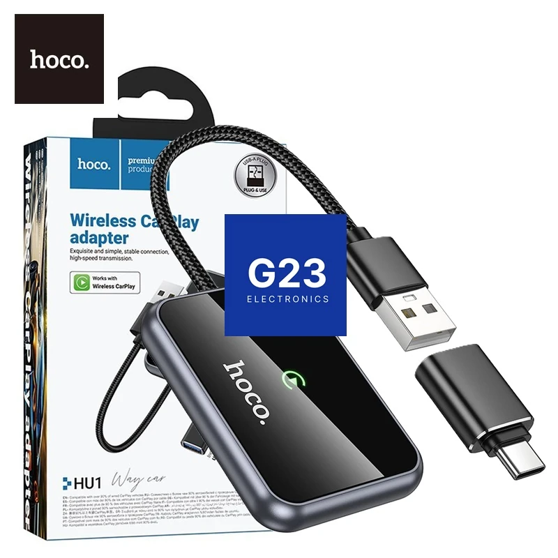 Belaidis CarPlay adapteris Hoco HU1 pakuotė su USB-A laidu ir Type-C perėjimu