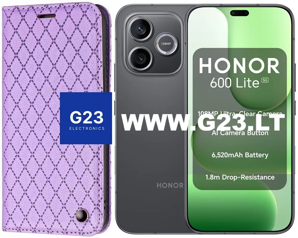 Dalton dėklas knygelė Honor 600 Lite levandų violetinės spalvos – katalogo vaizdas, uždaryta knygelė šalia telefono