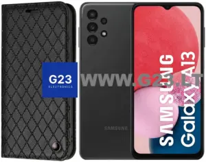Juodas Dalton dėklas knygelė Samsung Galaxy A13 – katalogo nuotrauka, uždaryta knygelė šalia telefono