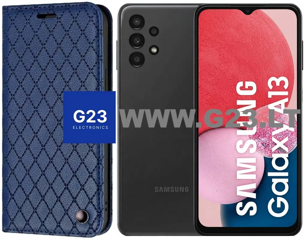 Tamsiai mėlynas Dalton dėklas knygelė Samsung Galaxy A13 – katalogo nuotrauka, uždaryta knygelė šalia telefono