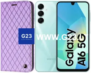 Levandų violetinis Dalton dėklas knygelė Samsung Galaxy A16 5G – katalogo nuotrauka, uždaryta knygelė šalia telefono