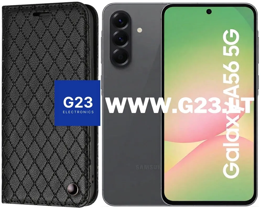 Dalton magnetinis dėklas Samsung Galaxy A56 juodos spalvos – dėklas ant baltai pilko fono, katalogo nuotrauka, Houndstooth raštas
