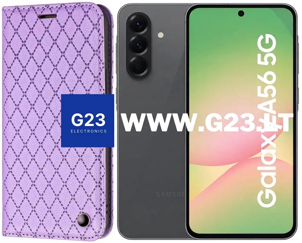 Dalton magnetinis dėklas knygelė Samsung Galaxy A56 – levandų violetinės spalvos 1 Dalton magnetinis dėklas Samsung Galaxy A56 levandų violetinės spalvos – dėklas ant baltai pilko fono, katalogo nuotrauka, Houndstooth raštas