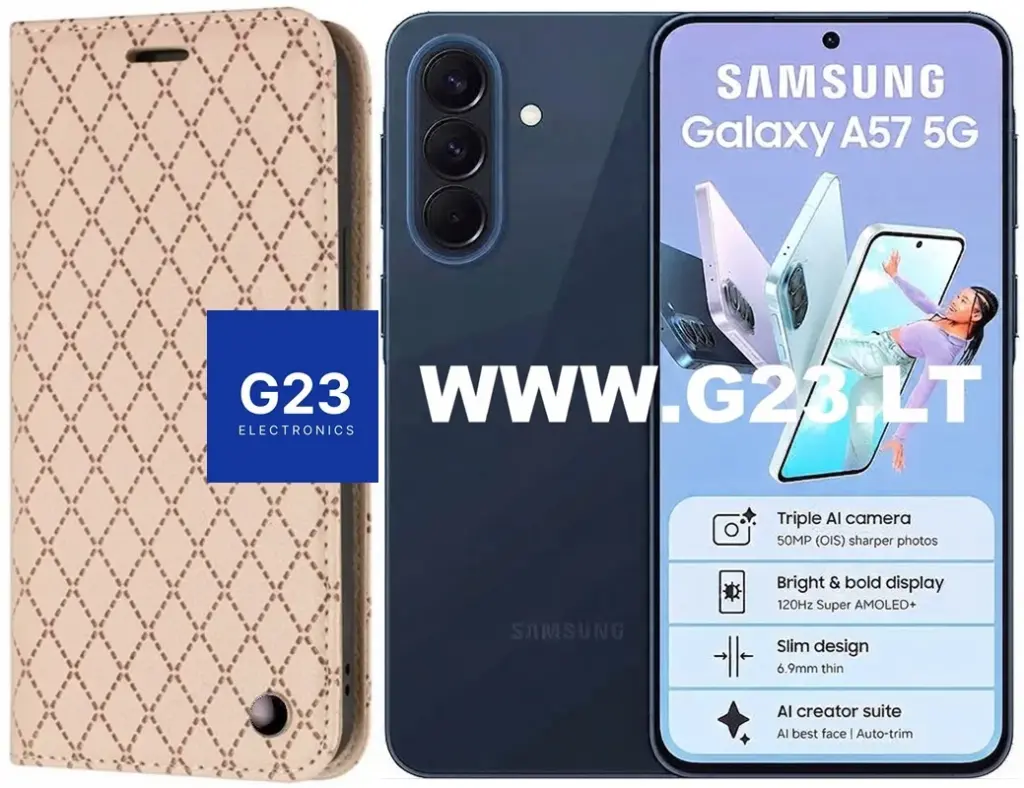 Dalton magnetinis dėklas Samsung Galaxy A57 aukso spalvos – dėklas šalia telefono, katalogo nuotrauka su Houndstooth raštu