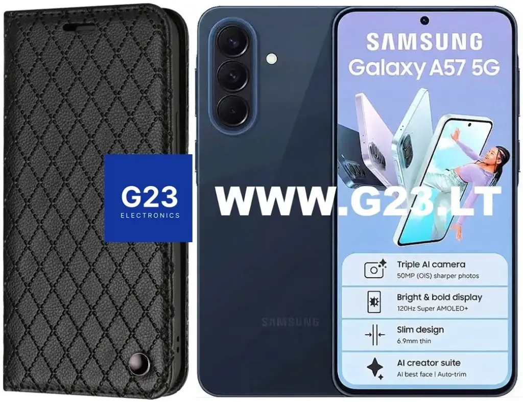 Dalton magnetinis dėklas Samsung Galaxy A57 juodos spalvos – dėklas šalia telefono, katalogo nuotrauka su Houndstooth raštu