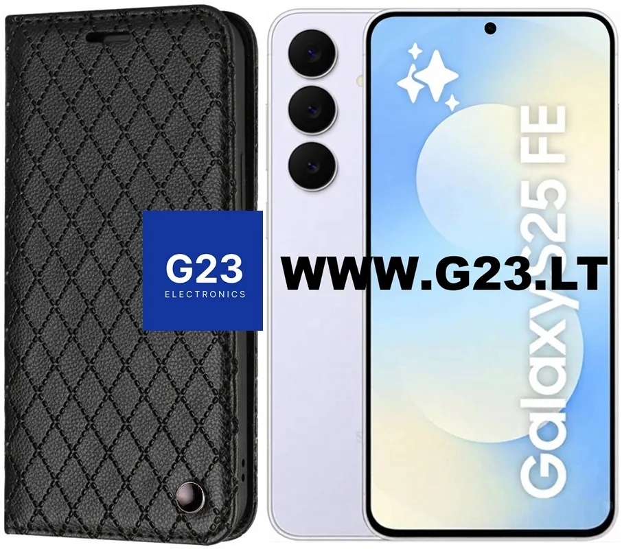 Dalton magnetinis dėklas knygelė Samsung Galaxy S25 FE – juodos spalvos 1 Dalton magnetinis dėklas Samsung Galaxy S25 FE juodos spalvos – dėklas šalia telefono, katalogo nuotrauka su Houndstooth raštu