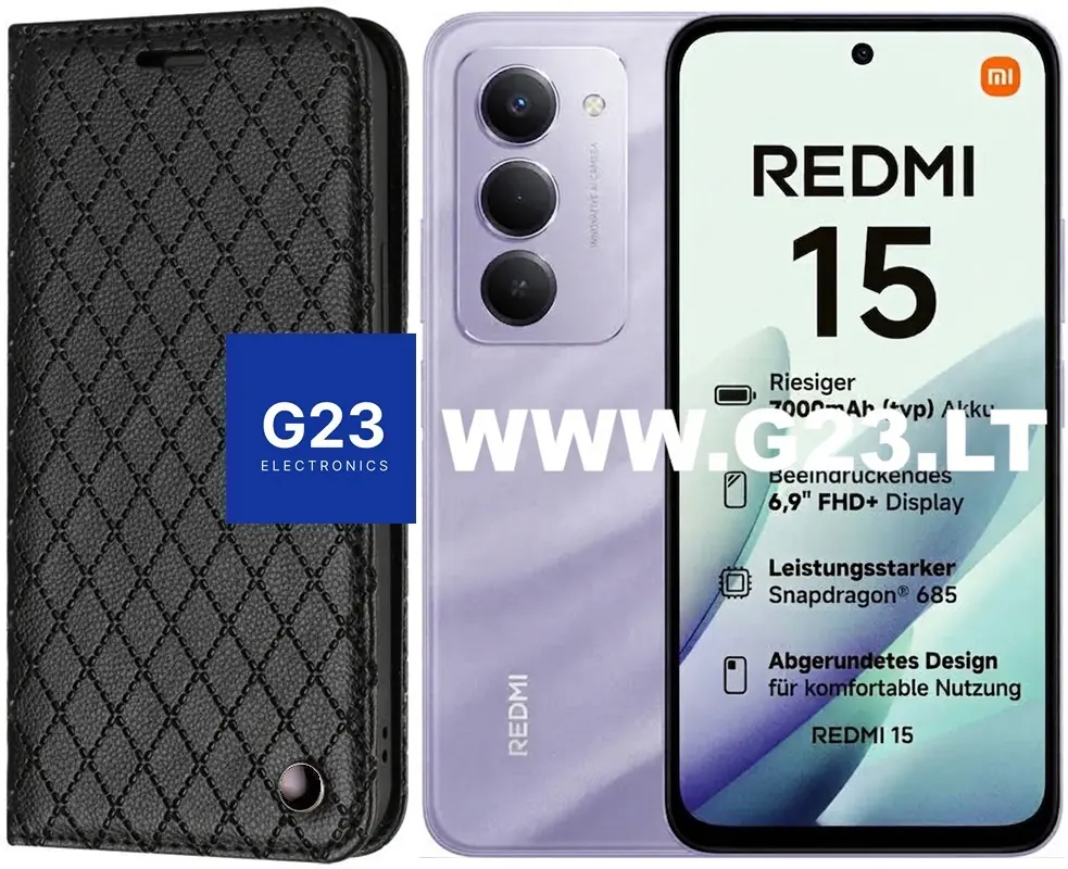 Dalton magnetinis dėklas knygelė Xiaomi Redmi 15 4G EU ir 5G EU juodos spalvos – katalogo nuotrauka, uždaryta knygelė šalia telefono