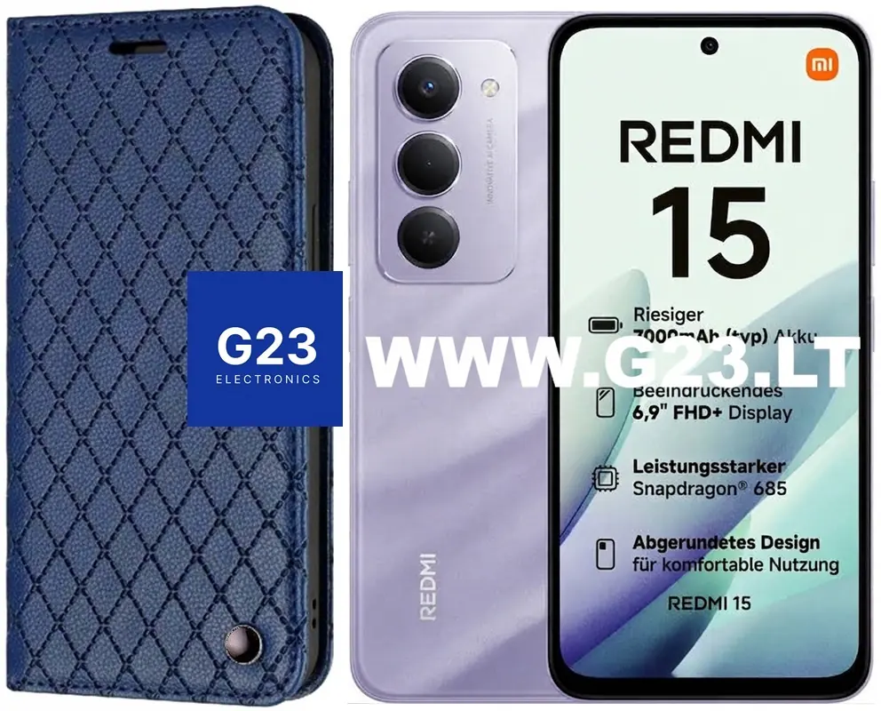Dalton magnetinis dėklas knygelė Xiaomi Redmi 15 4G EU, Xiaomi Redmi 15 5G EU – tamsiai mėlynos spalvos 1 Dalton magnetinis dėklas knygelė Xiaomi Redmi 15 4G EU ir 5G EU tamsiai mėlynos spalvos – katalogo nuotrauka, uždaryta knygelė šalia telefono