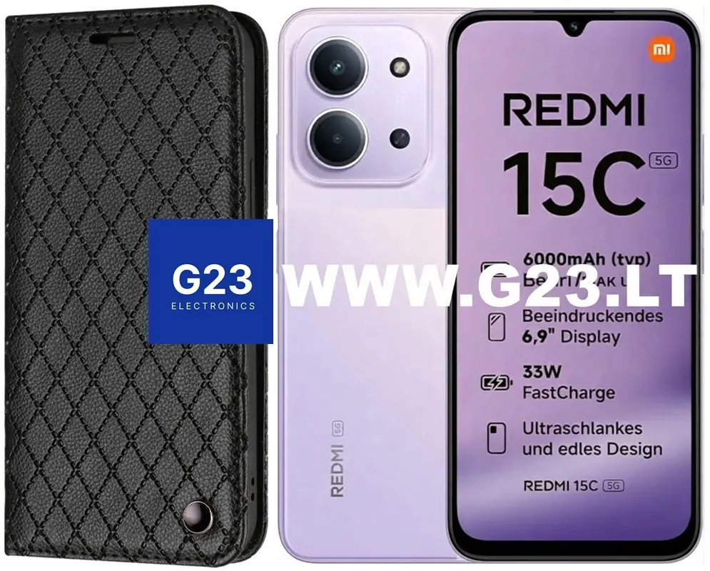 Juodas Dalton dėklas knygelė Xiaomi Redmi 15C 5G – katalogo nuotrauka, uždaryta knygelė šalia telefono